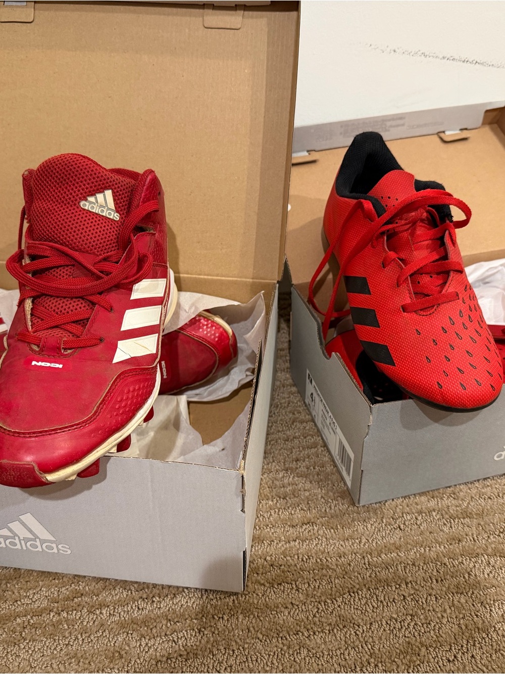 adidas Red and Black Kids cleats- one pair soccer, one pair baseball